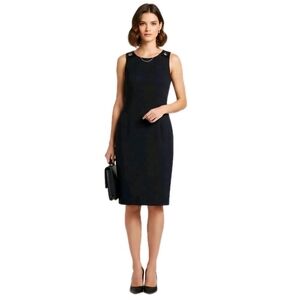 Hugo Boss Navy Virgin Wool Blend Gold Ring Detail Designer Sheath Dress Size 6